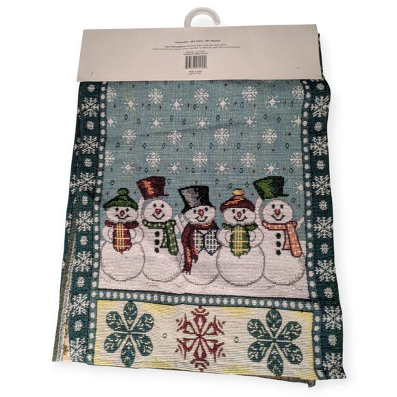 NWT Holiday Style Blue & White Snowman Tapestry Rectangle Table Runner 13" x 70" - Picture 6 of 10